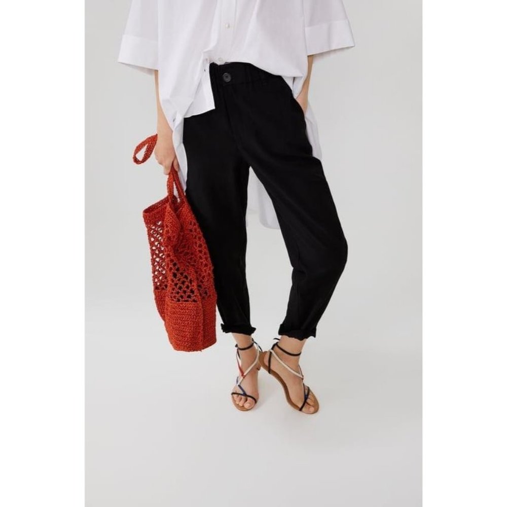 New ZARA Women's Size Small Black Tapered Relaxed Fit High Waisted Cuffed Pants